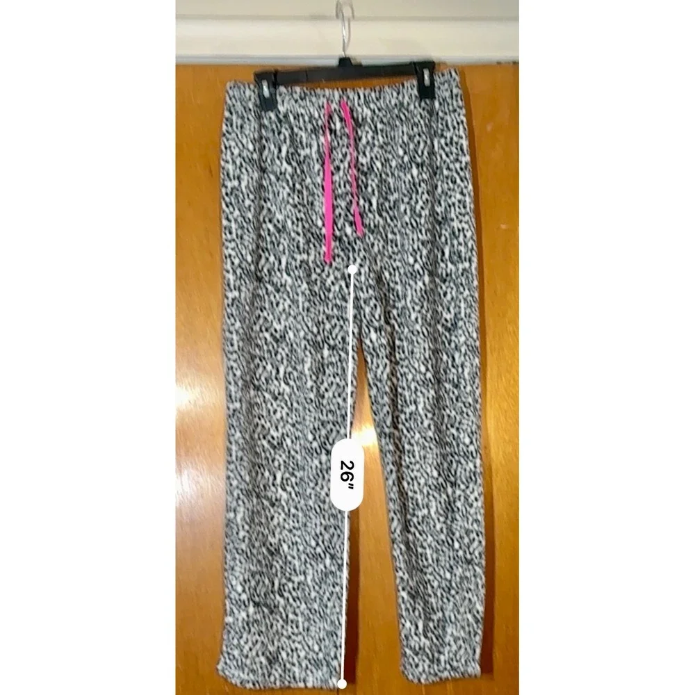 Anne Klein Womens Leopard Print Fleece Pajama‎ Set Button Up Pants Pink Trim Med